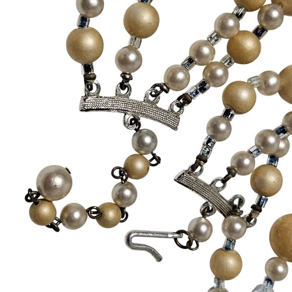 Vintage Faux Pearl Crystal Multi Strand Necklace Frosted Glass Beads  Jewelry - Picture 3 of 5